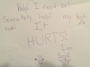 Sam's note to me requesting help with her tooth.